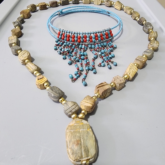 Turquoise Red Beaded Boho W Carved Scarab Natual Carved Necklace Jewelry Bundle - Picture 5 of 10